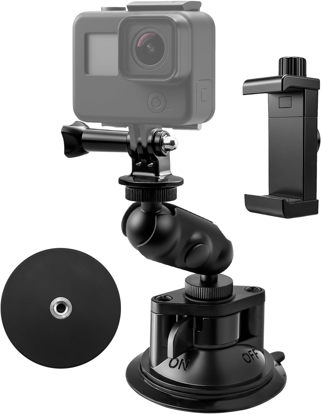 Universal Magnetic and Suction Cup Phone Holder, Adjustable Car Camera Mount for Dashboard Windshield Window, Compatible with Smartphones GoPro DJI OSMO Insta360 Cameras