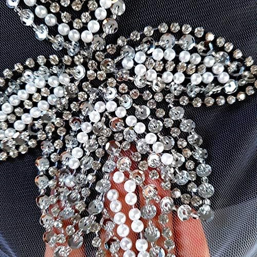Sew on Applique Crystals Patches Silver Sequins Pearl Beads Particular Design Entrance Panel Stitching for Night Promenade Costume Accent (Silver) 4 619XRW1XhAL. AC