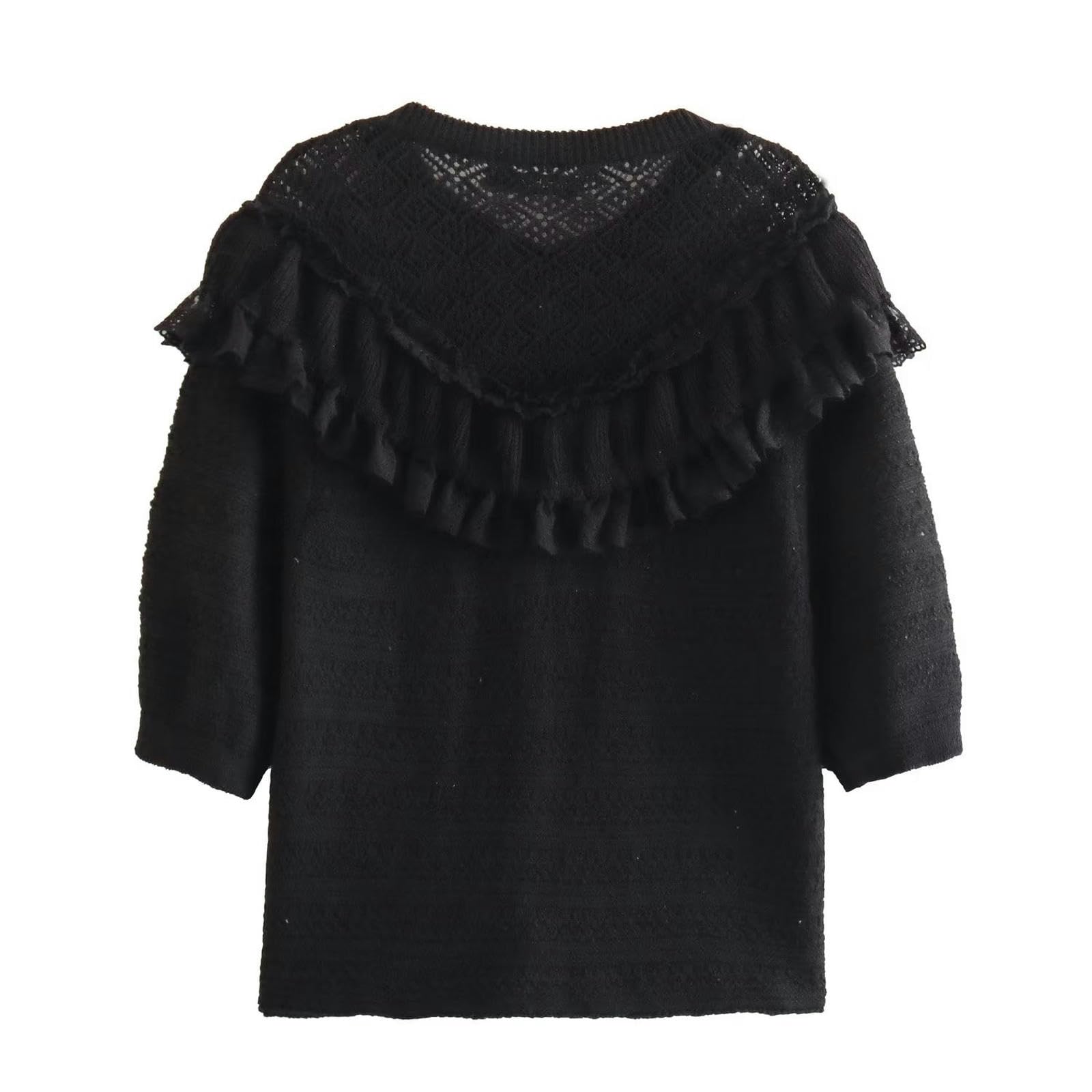 Haut tricoté noir haut de gamme avec détails en dentelle fine S