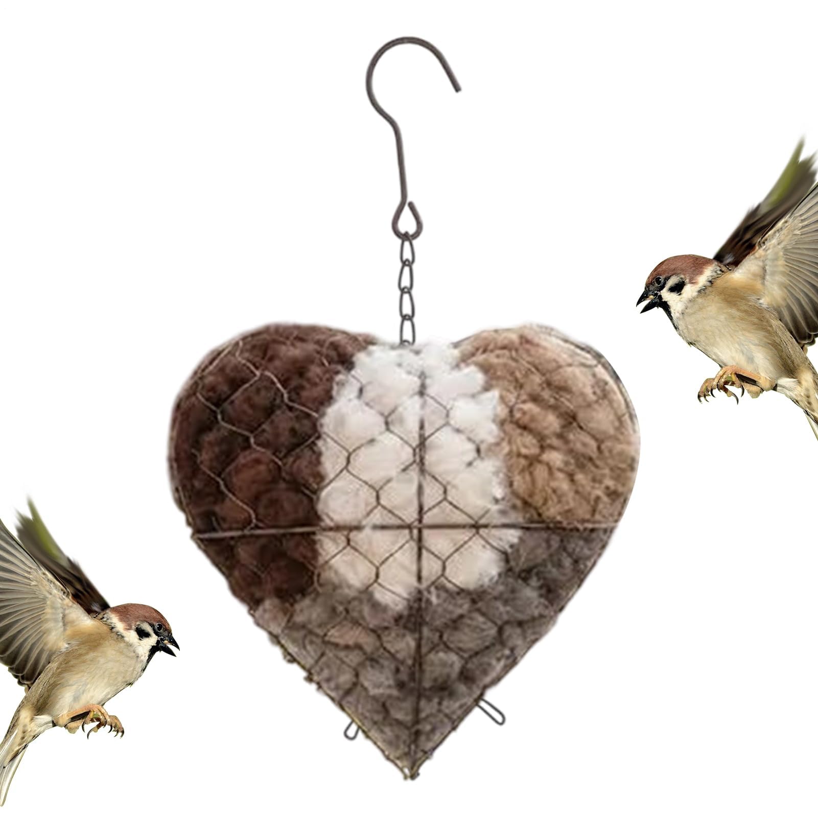 Faser Vogel Nistherz aus Alpakawolle, nachfüllbares Vogelhaus Nistkasten, Herz Kolibri Nistmaterialhalterung, Unterschlupf & Nistmaterial für Vögel im Winter, handgefertigt, für Balkon Garten Terrasse