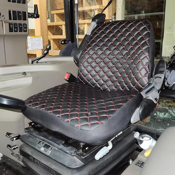 Heavy Duty Tractor Seat Cover for Cabinet Tractors Without Headrest, Forklift Seat Cover, Camuflage Pattern, 8 Colors (Black Leather - Red Stitches)
