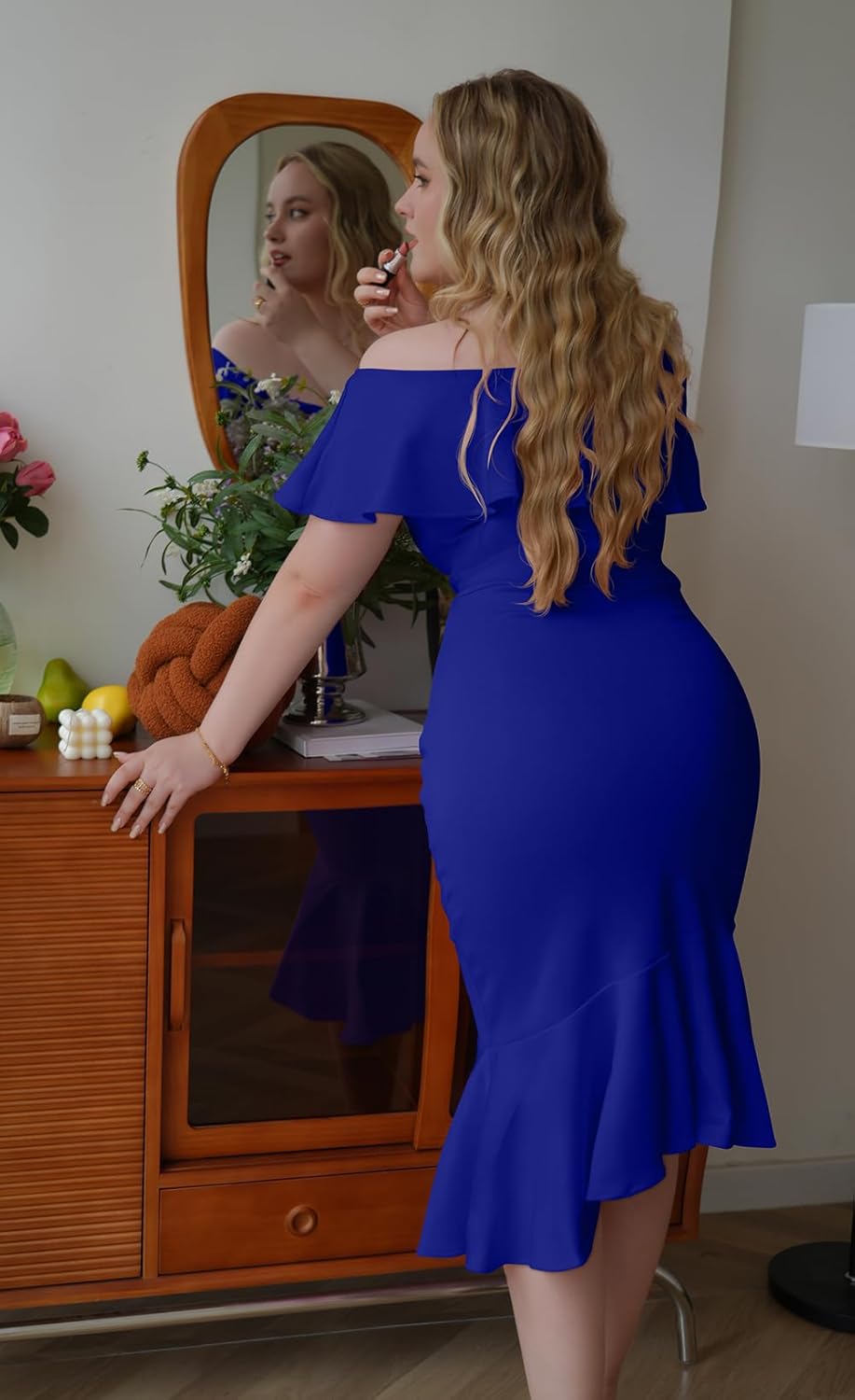 GOBLES Women's Elegant Off The Sholder Back Zipper Ruffles Bodycon Midi Cocktail Dress - Image 2