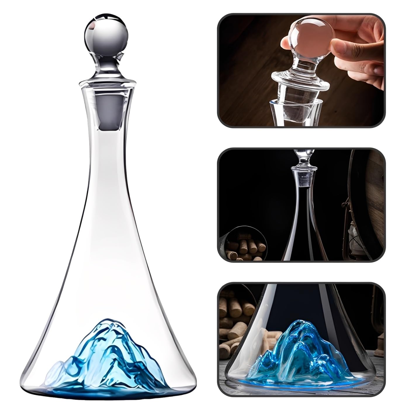 Decantador de Vino Juego, Cristal Soplado a Mano Sin Plomo Decantador Vino 1150 ml, con Tapón y 2 Copas de Vino Patrón de Iceberg Azul Decantador de Vino Cristal, para Amantes del Vino Padres