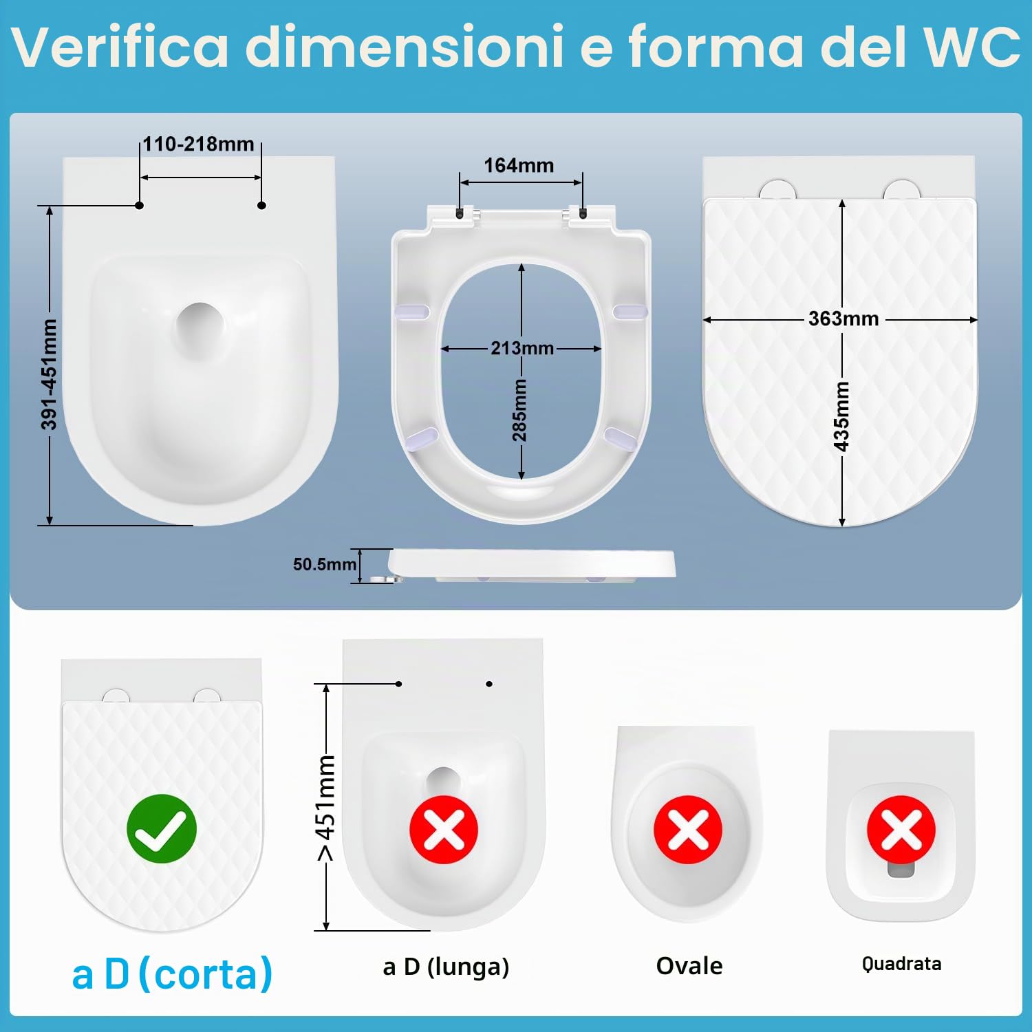 YEAUPE PRO Tavoletta WC D Forma, Copriwater, Sedile WC Chiusura Ammortizzata con Sgancio Rapido a un Pulsante, Modello di installazione allegato, Trama di rombo Bianco, 43,5 * 36,2 * 5,1 CM