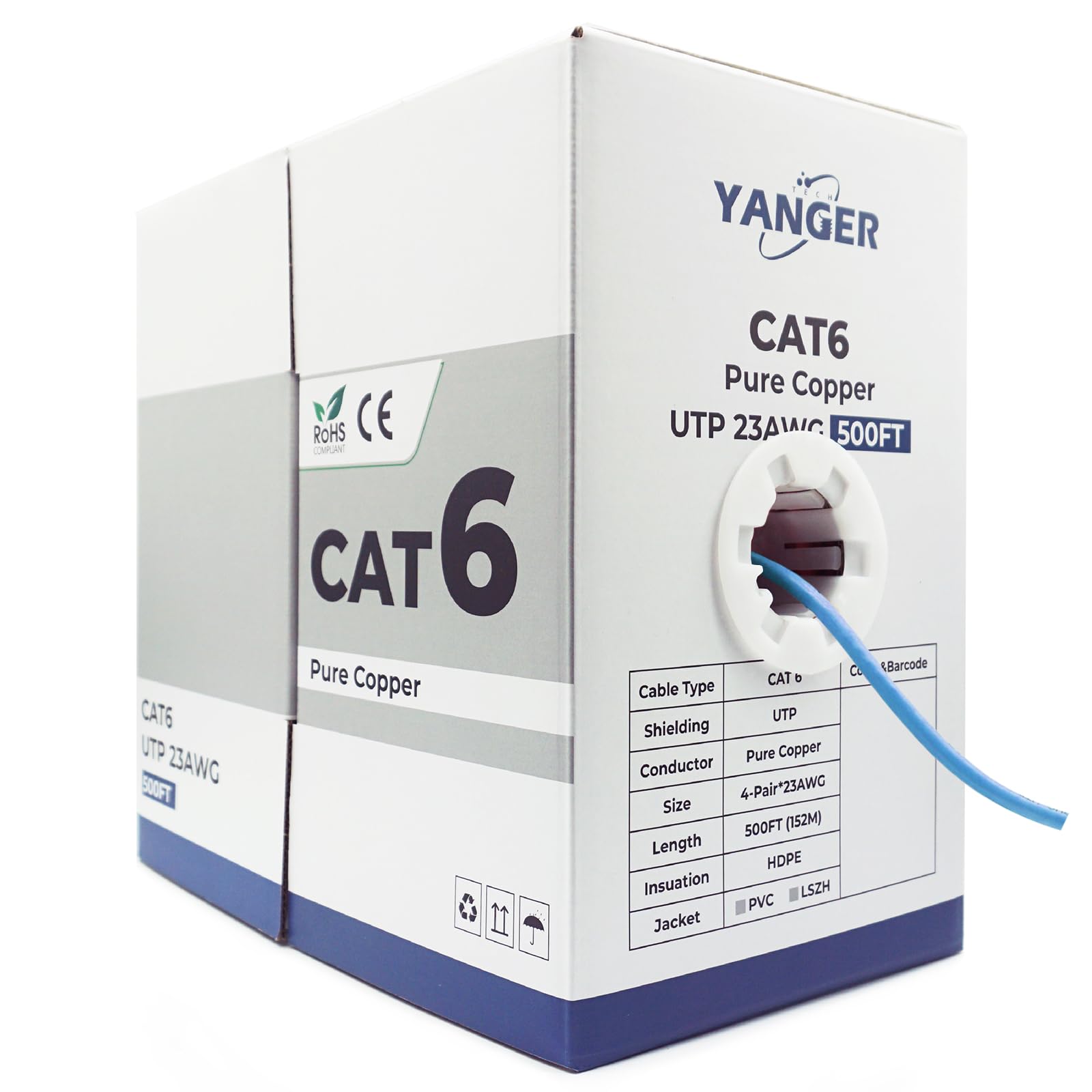 YANGER Cable Ethernet CAT6 152M - 23AWG Cobre Puro 100%, 10 Gigabit, POE++, UTP, para Centro de Datos/Oficina/Dispositivos Hogar Inteligente 4K/8K/VR, Cable LAN en Bobina, Azul
