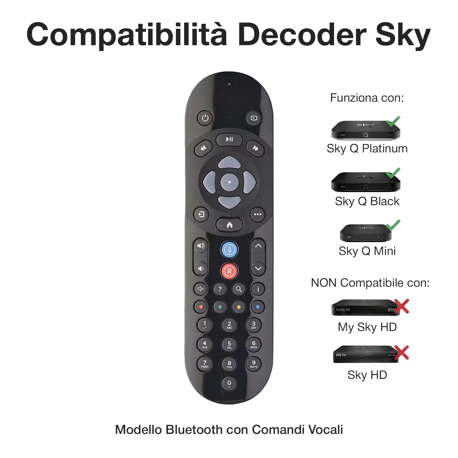 Telecomando Bluetooth Vocale Compatibile con SkyQ, Sky Q Mini, Platinum, Silver, 1TB e 2TB, Batterie Incluse, Facile Configurazione, Azienda Italiana, Qualità Testata in Italia