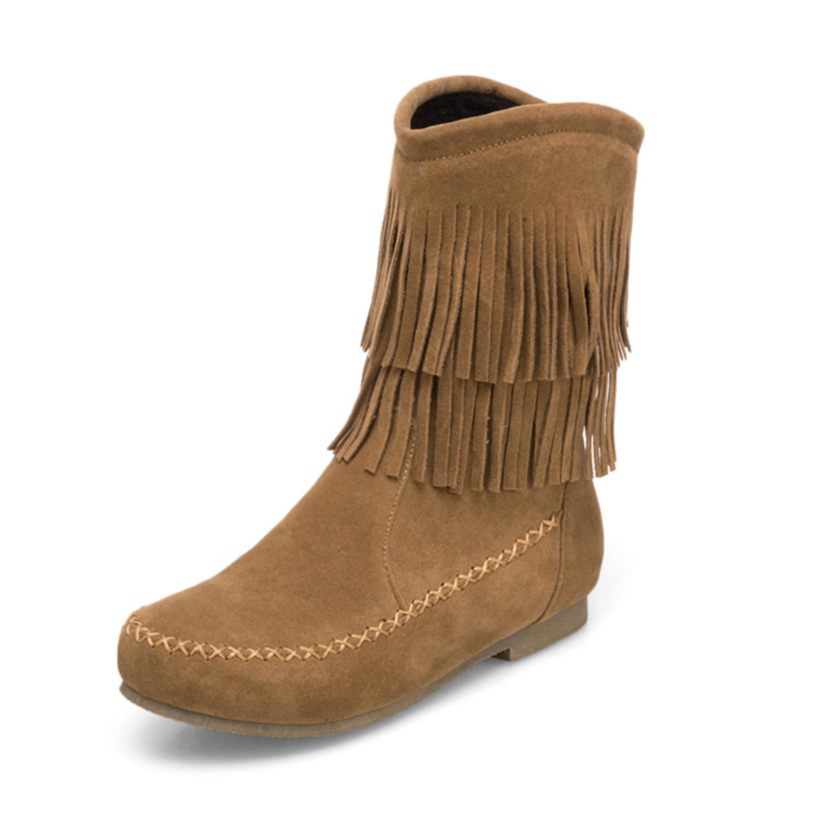 Womens Fringe Ankle Boots Durable Suede Leather Upper Comfortable Round Toe Flat Heels Pull On Slip On Casual