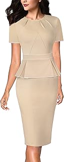 VFSHOW Womens Pleated Crew Neck Peplum Wear to Work Office Sheath Dress