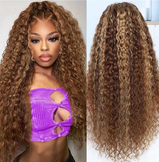 13x6 Highlight Ombre Lace Front Wigs Human Hair P4/27 Honey Blonde Lace Frontal Wigs 180 Density Colored deep Curly HD Lace Front wigs Human Hair Wig Pre Plucked with Baby Hair 24Inch