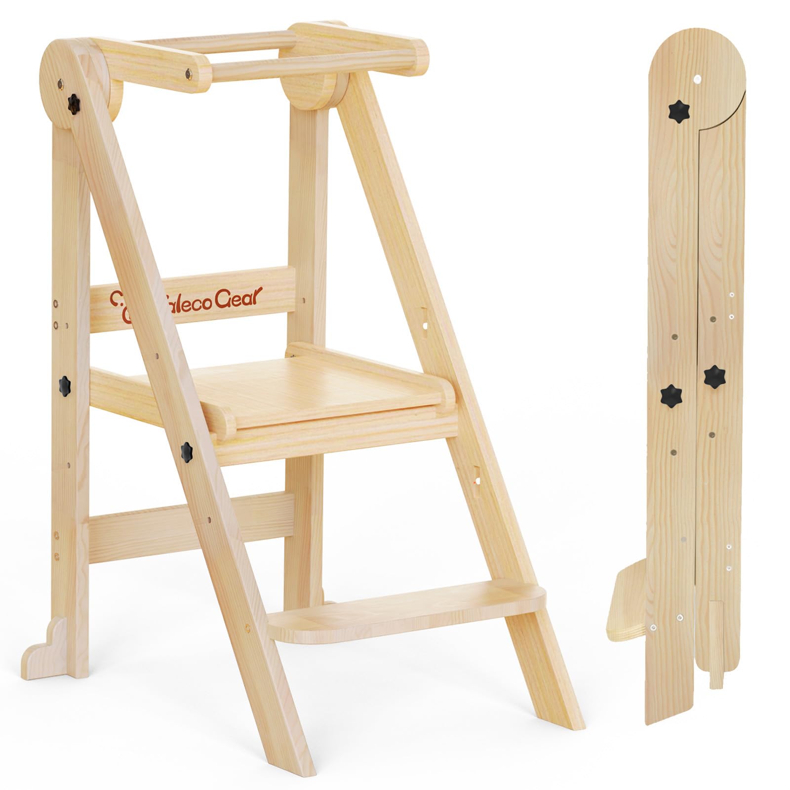 foldable toddler kitchen stool helper, toddler tower with 3 adjustable height, wooden toddler step stool, collapsible toddler tower, toddler stool for kitchen and bathroom (nature)