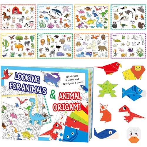 Pellinch Juego de papel origami para niños, 16 hojas de papel de origami para niños y pegatinas, con libro de instrucciones para manualidades, juego de manualidades para manualidades y proyectos de