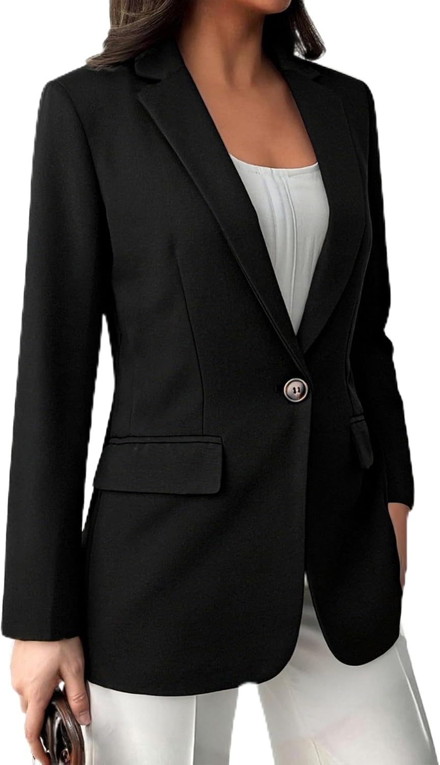 Womens One Button Blazer Long Sleeve Lapel Casual Office Blazer Tops with Pockets