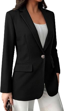 Womens One Button Blazer Long Sleeve Lapel Casual Office Blazer Tops with Pockets