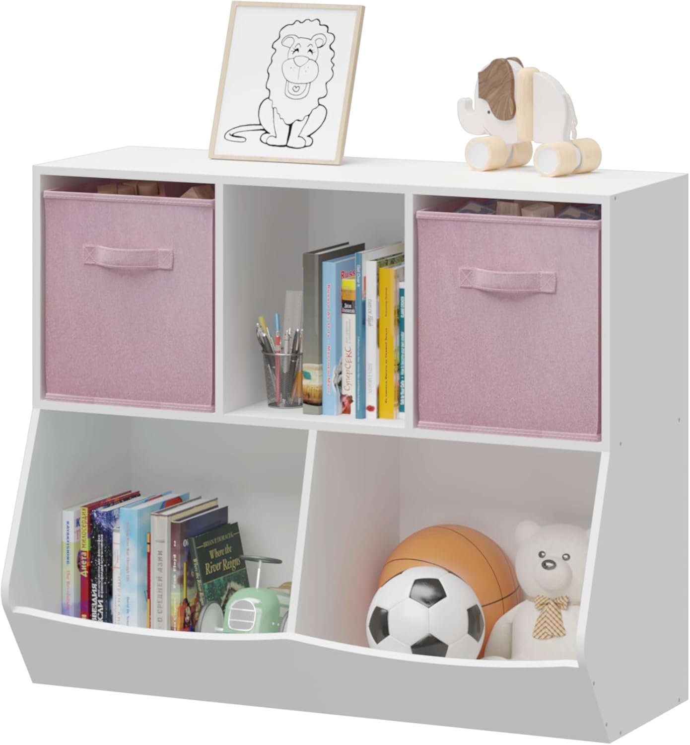 Kids Bookshelf, Kids Book Rack with Collapsible Fabric Drawers, Toy Storage Organizer Cabinet Bookcase for Kids Room, Nursery, Playroom, Bedroom