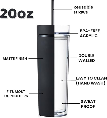 Miniatura 3 de MEWAY Paquete de 4 vasos delgados de 20 onzas de acrílico de doble pared con tapa y popote, vasos de plástico reutilizables de color pastel mate con