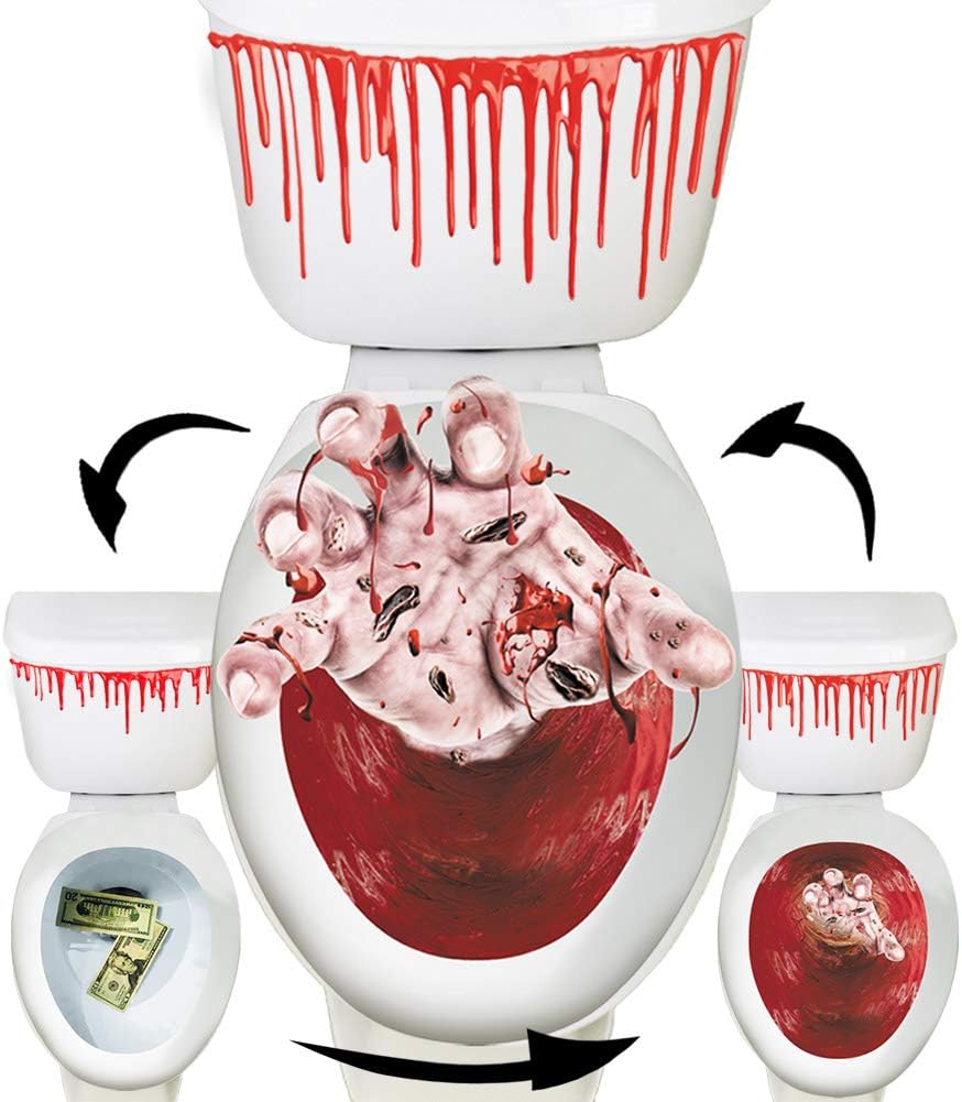 Halloween Toilet Seat Cover 3D Horror Morphing Decal for Halloween Theme Party Home Decor (Zombie Hand&Dollar&Blood)