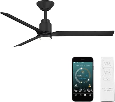 Modern Forms Smooth Indoor or Outdoor 3-Blade 52in Smart Ceiling Fan in Matte Black with Adjustable CCT 2700-3000-4000-5000K LED Light Kit and Remote Control works with Alexa and iOS or Android App