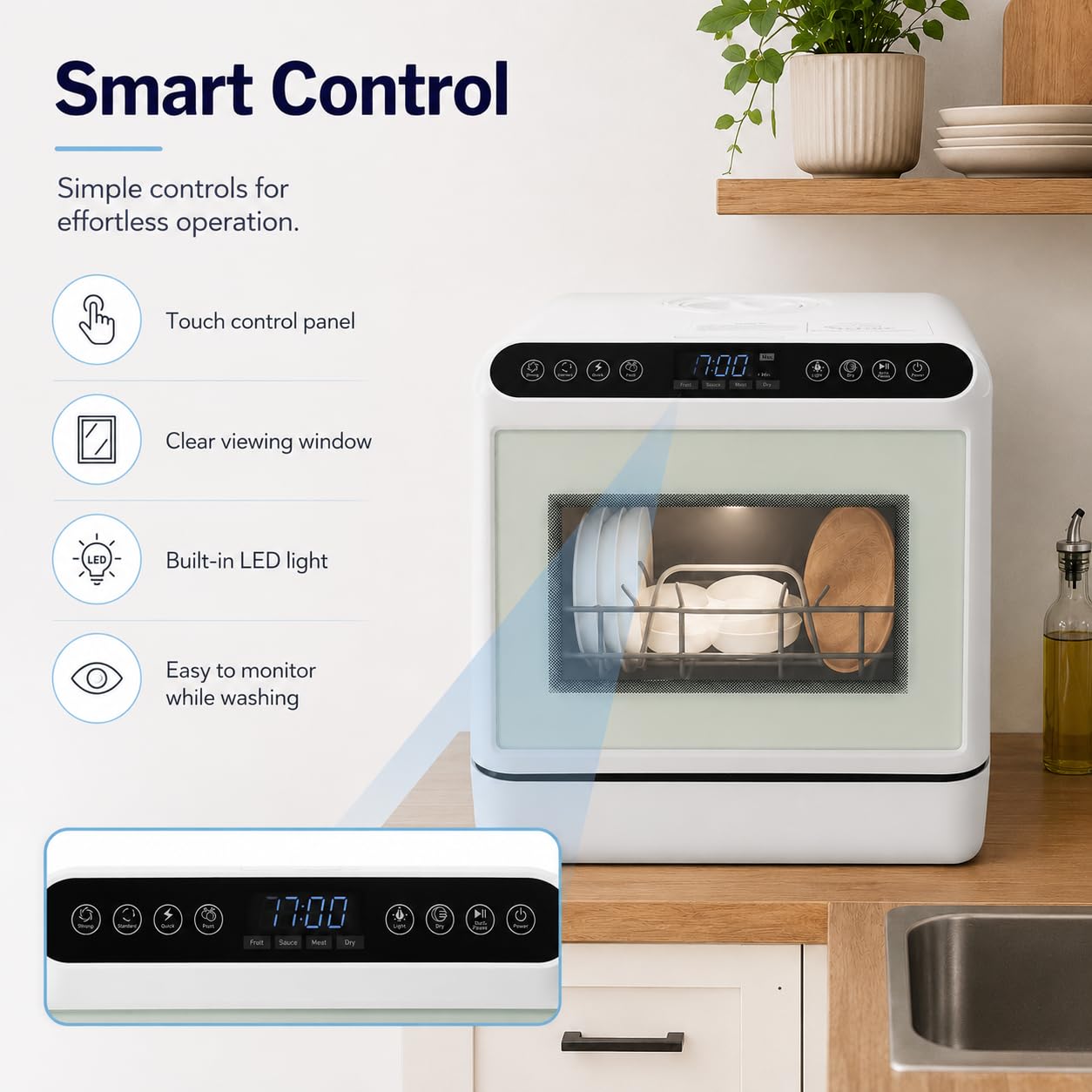 Lavastoviglie da tavolo per 4 – 6 coperti, 6 l, serbatoio dell'acqua integrato, mini lavastoviglie con senza collegamento dell'acqua, 4 programmi di pulizia, touch control e display a LED