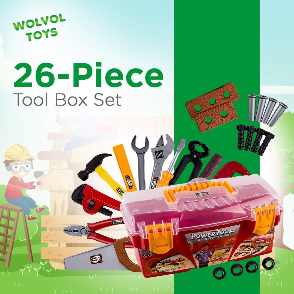WolVolk 26-Piece Tool Box Set with Removable Tool Tray - Great Gift Toy for Boys