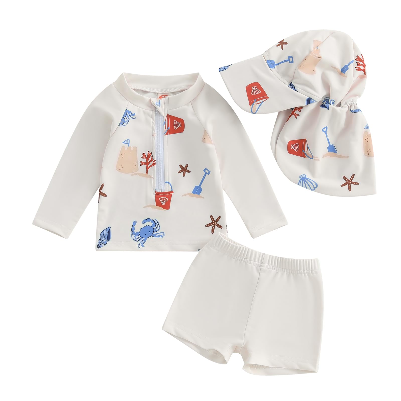 Toddler Baby Boys 3 Pieces Swimsuit Set Shark Tops Shorts Swimwear Bathing Suit Rash Guards with Hat Sunsuit (Khaki, 2-3 Years)