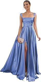 Square Neck Satin Prom Dress with Pockets Cap Sleeve Big A Line Corset Back Long Bridesmaid Dresses for Women - Buy now