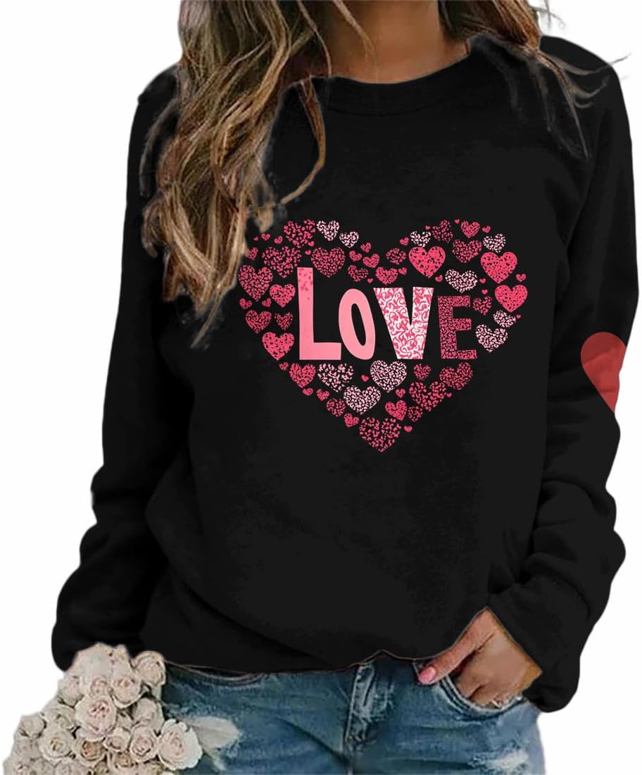 - Womens Cute Heart Print Valentine Sweatshirt Casual Long Sleeve Graphic Shirts Oversized Crew Neck Pullover Tops