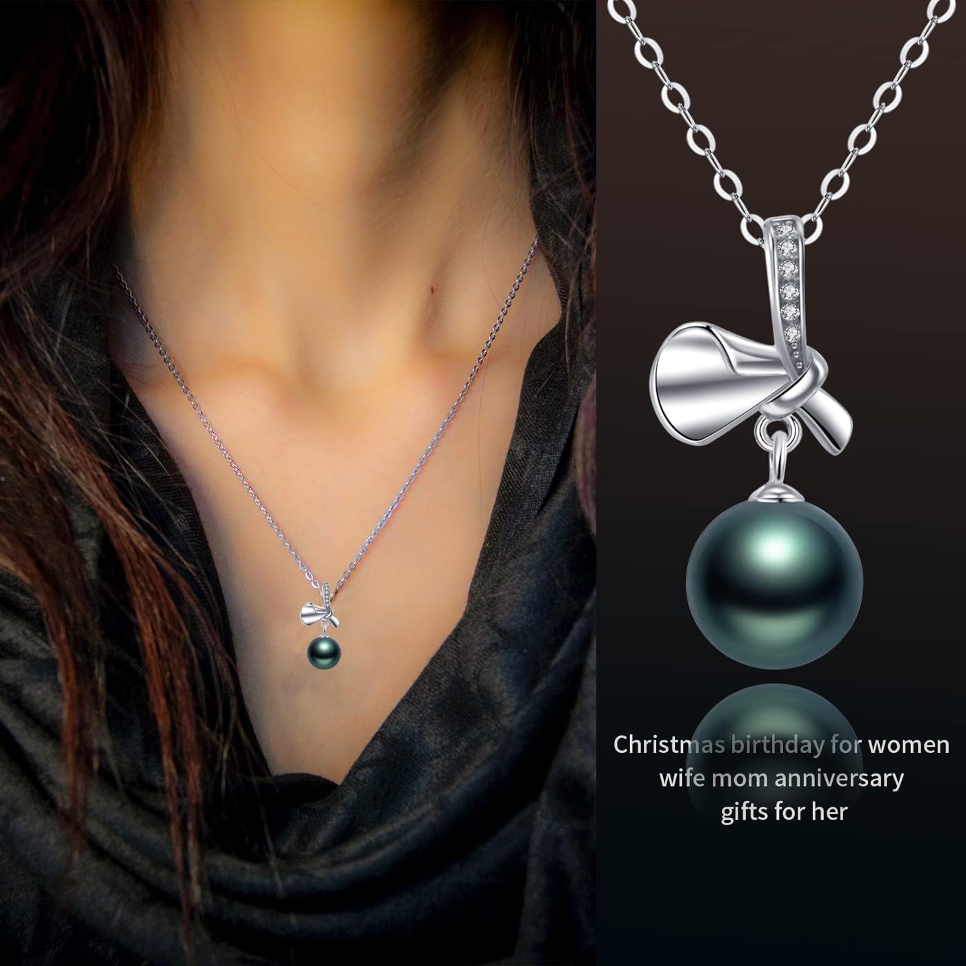 NONNYL Real Tahitian Black Pearl Pendant Necklaces for Women & 9-10mm Round 18K Gold Plated 925 Sterling Silver - Fine Jewelry Gifts for Women Wife Mom Daughter