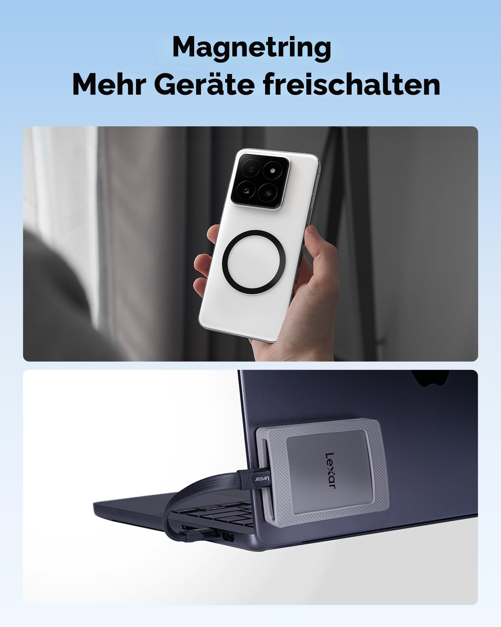 Lexar Portable SSD mit Magnetsatz 2TB, Externe SSD USB 3.2 Gen 2 bis zu 1050 MB/s Lesen und 1000 MB/s Schreiben, kompatibel mit iPhone 15/16, PC & Mac, Type-C-Laptops, Tablets, PS5, PS4
