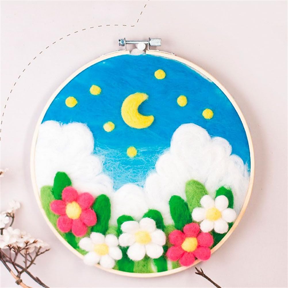 Meecaa DIY Needle Felting Kit for Beginners,Flower Moon Including Wool Felt Supplies, Embroidery Hoops,Beautiful Wool Painting and Needle Felting Tools (Flower)