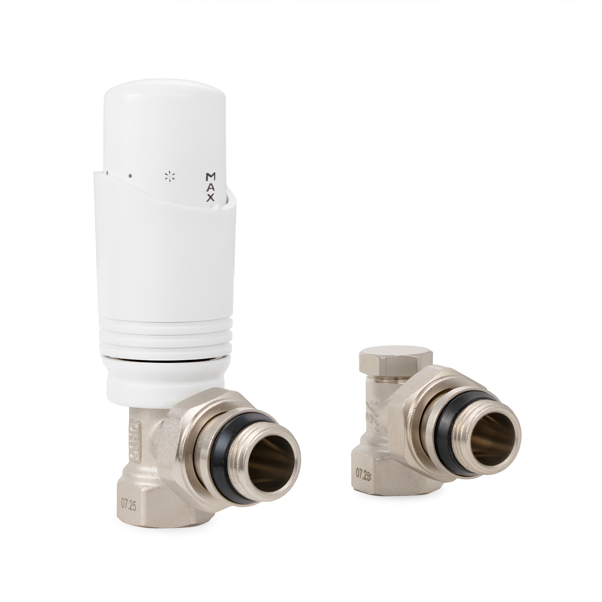 VANCOCO G1/2 Thermostatventil + Rücklaufventil mit verbessertem Dichtring, Eckform für Heizkörper, Weiß+vernickelt, mit Flüssigfühler und Frostschutzstellung
