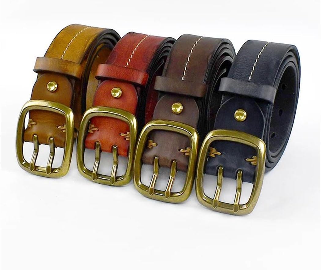 Men's vintage Double Needle Buckle Genuine Leather Solid Cowhide Thick Jeans Waistband Casual Belt