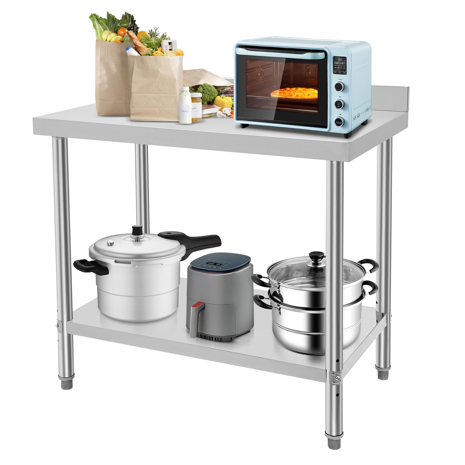 Mesa de trabajo de acero inoxidable, 2 niveles, 100 x 60 x 97 cm, soporta hasta 500 kg, patas ajustables, superficie de almacenamiento, mesa gastronómica