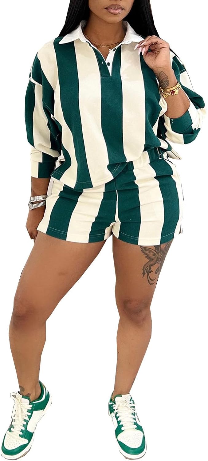 Women's Summer Tracksuits 2 PCS Striped Color Block Lapel Neck Button Long Sleeve Top Elastic Waisted Shorts Set