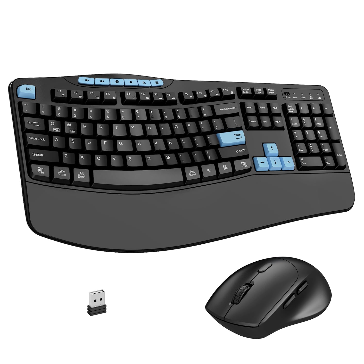 Wireless Keyboard and Mouse Combo, 2.4G Ergonomic Wave Keys(Blue Black) | Full Size Keybo…