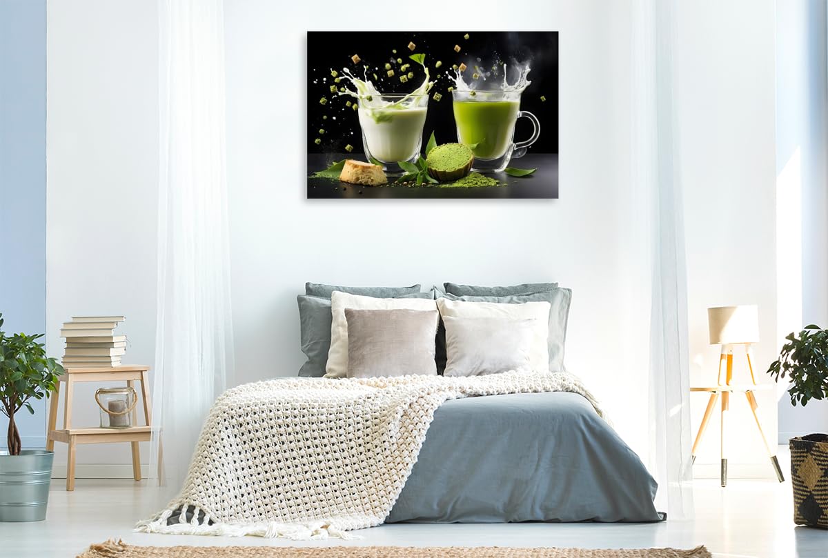 CALVENDO · Vegane Matcha-Latte-Drinks mit Hafermilch und Matcha (Leinwand) | 120 × 80 cm Querformat · Textil-Leinwand auf Keilrahmen · Trendige Matcha-Genusskreationen
