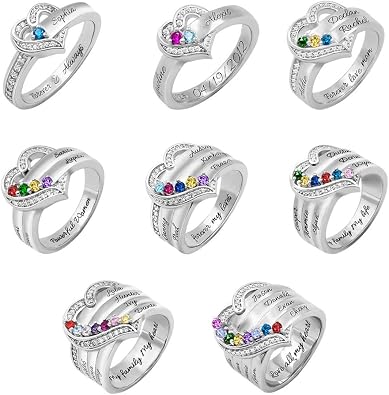 Engraved Birthstone Name Ring Sterling Silver Womens Wedding Bands | Personalized Mothers Ring with Family Names | Custom Grandmothers Rings | Mothers Day Rings | Womens Wedding Bands