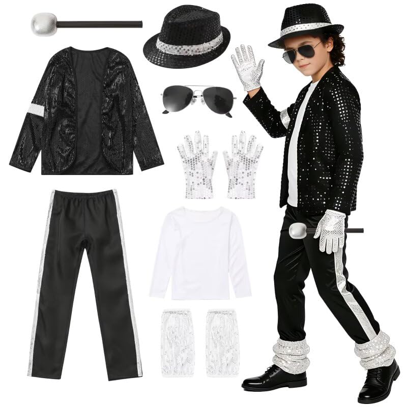 VIIOMUYE 8 Pcs Boys Halloween Costume Set with Accessories 80s 90s Retro Dance Disco Outfit for Kids Stage Cosplay