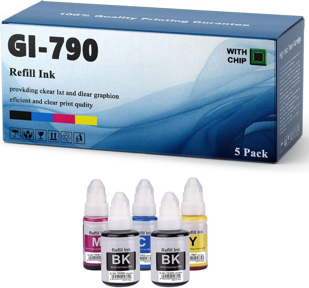GI-790 Ink Refill Bottles Replacement Compatible for Canon PIXMA G1000 G1010 G2000 G2002 G2010 G3000 G3010 G4000 G4010 Printers(5pack)