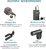 Vista 4 de Movo V8 - Kit de vlogging para iPhone con trípode, agarre, micrófonos, luces LED y vlog remoto inalámbrico, paquete de inicio de YouTube para Apple