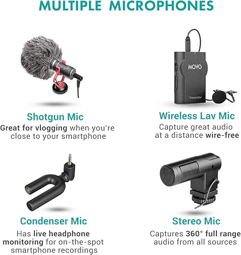 Miniatura 4 de Movo V8 - Kit de vlogging para iPhone con trípode, agarre, micrófonos, luces LED y kit de vlog remoto inalámbrico, kit de inicio de YouTube para