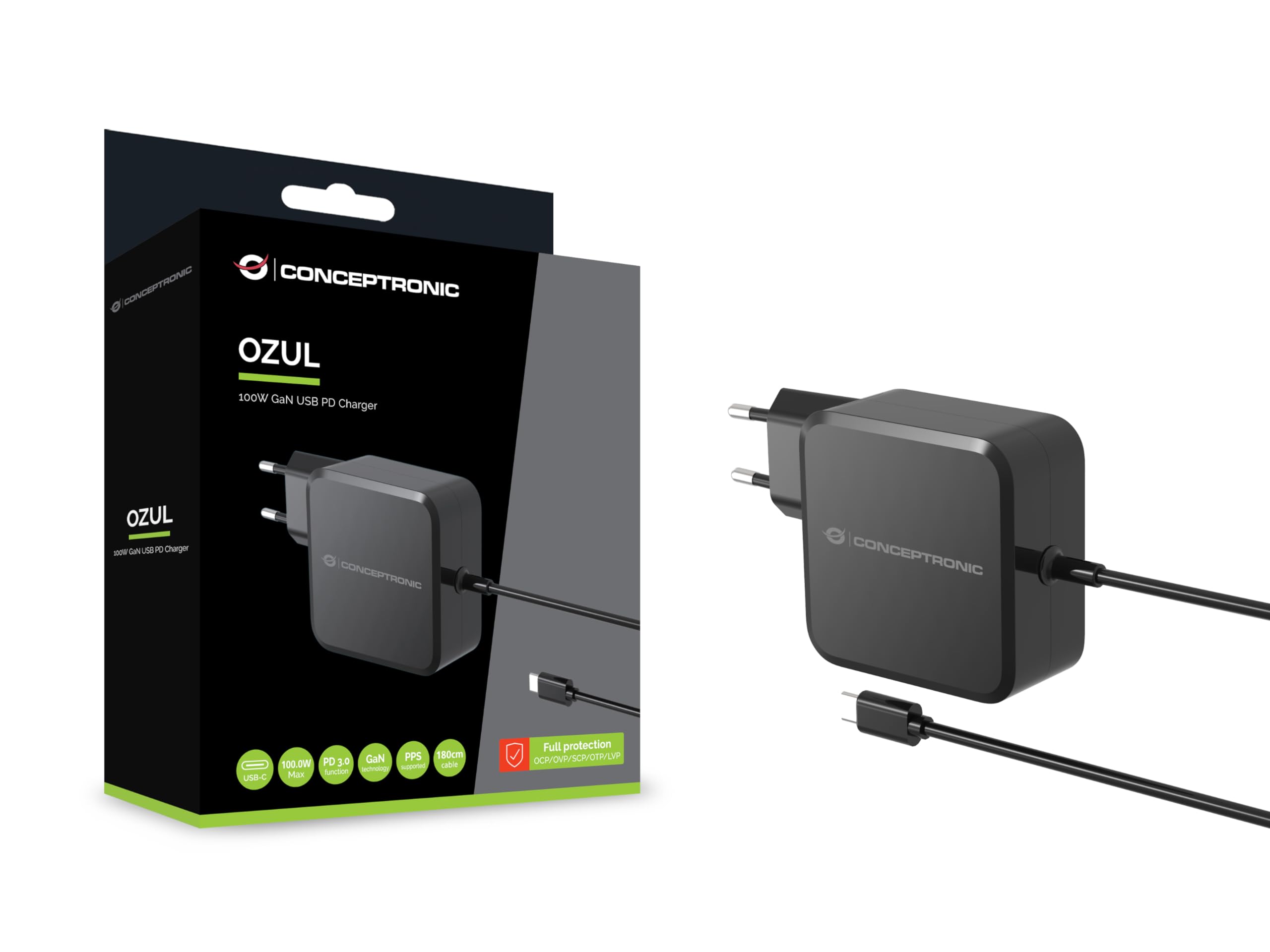 CONCEPTRONIC OZUL05BE - Caricatore USB USB per PC da 100 W, cavo USB-C integrato