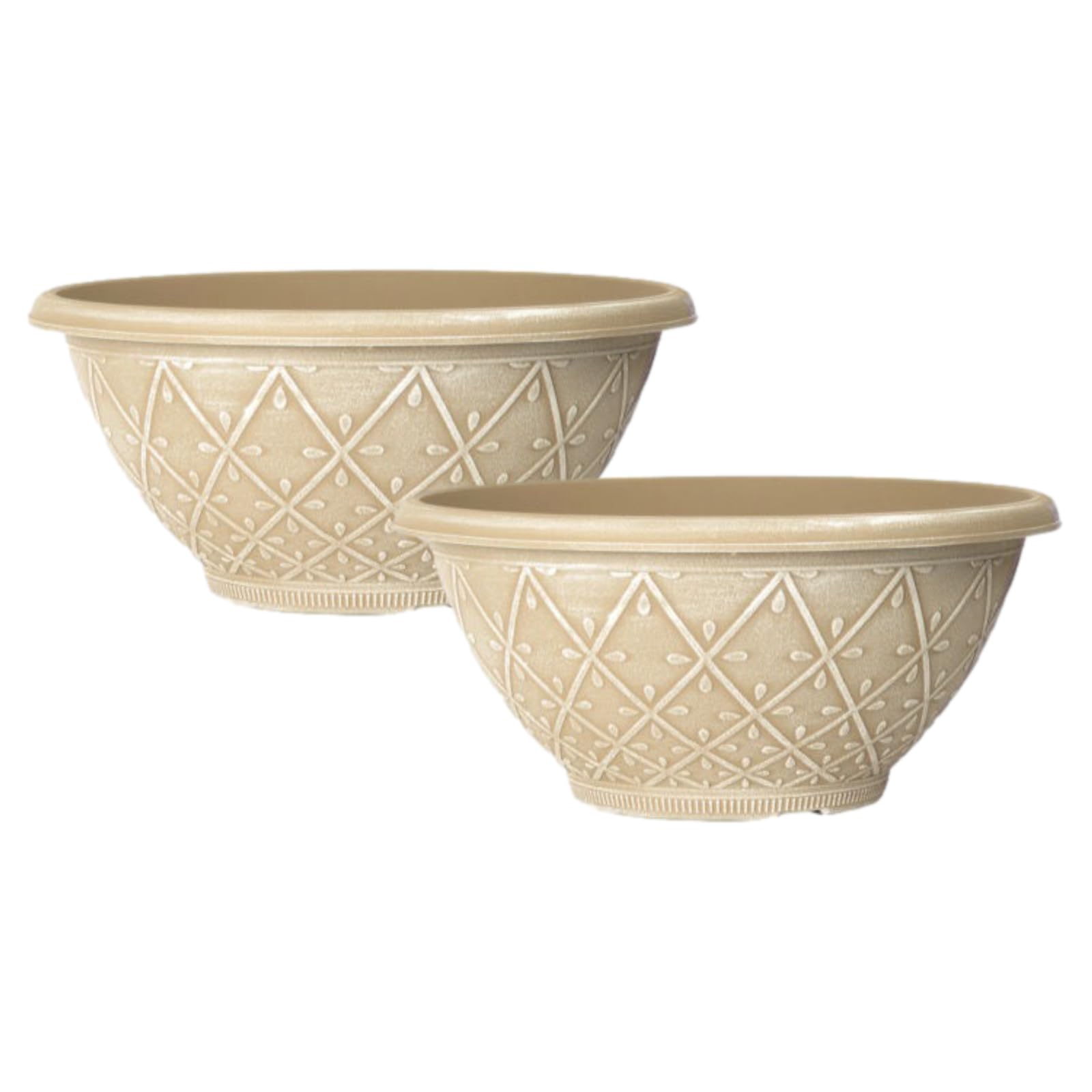 Fyne-Finds Set of 2 Plastic Prisma Bowl Planter 30cm,12inch Powdered Ginger 6L Plant Pot with Drainage Holes Home Garden Decor