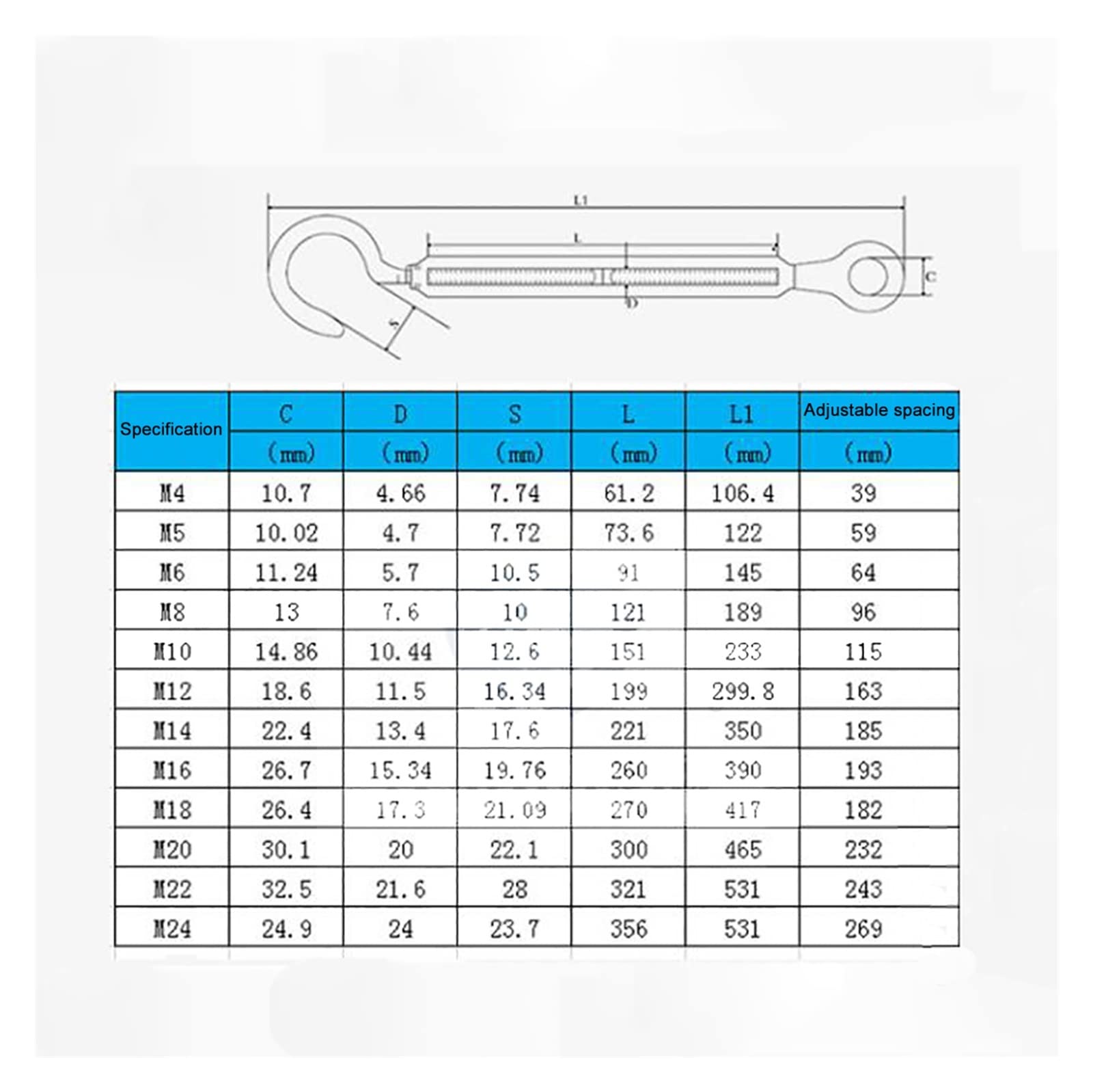 Tenditori in Acciaio Inox, 1 pz M4 M5 M6 M8 M12 M14 A2 304 in Acciaio Inossidabile Gancio Occhiello tenditore Fune Metallica tenditore di Tensione(M12)