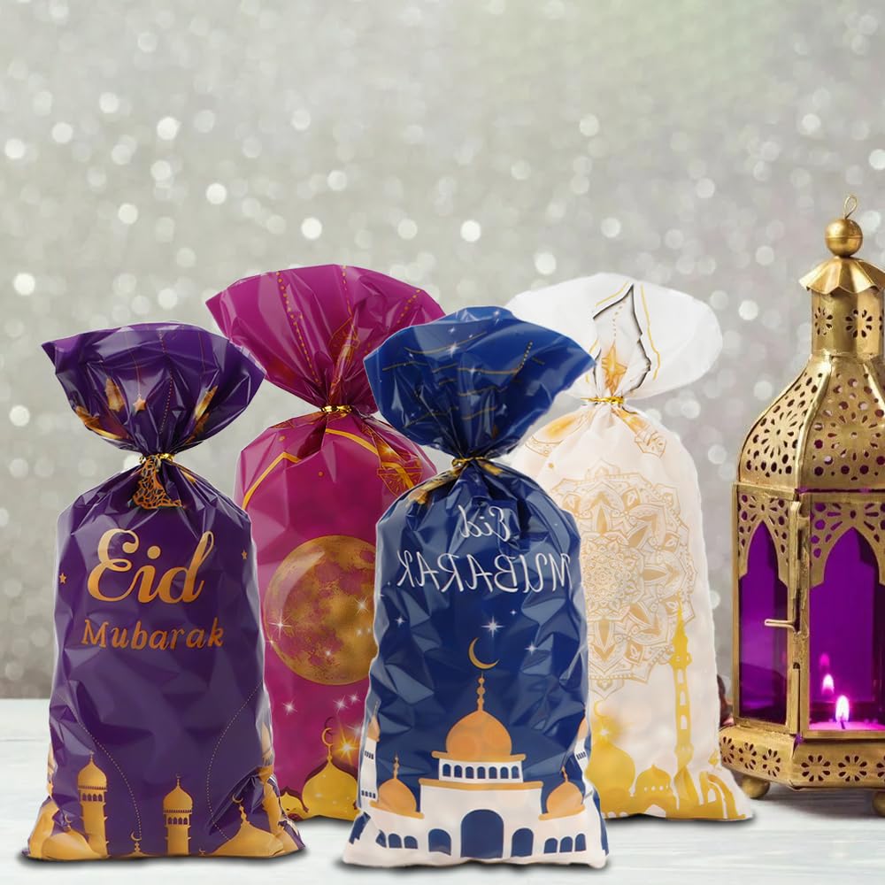 Eid Mubarak Treat Bags, 120 PCS Ramadan Goodie Bags, Eid Mubarak Gift Bag, Plastic Ramadan Candy Cookie Snack Treat Bag with Twist Ties Gifts for Islam Muslim Ramadan Party Decorations Favor Supplies