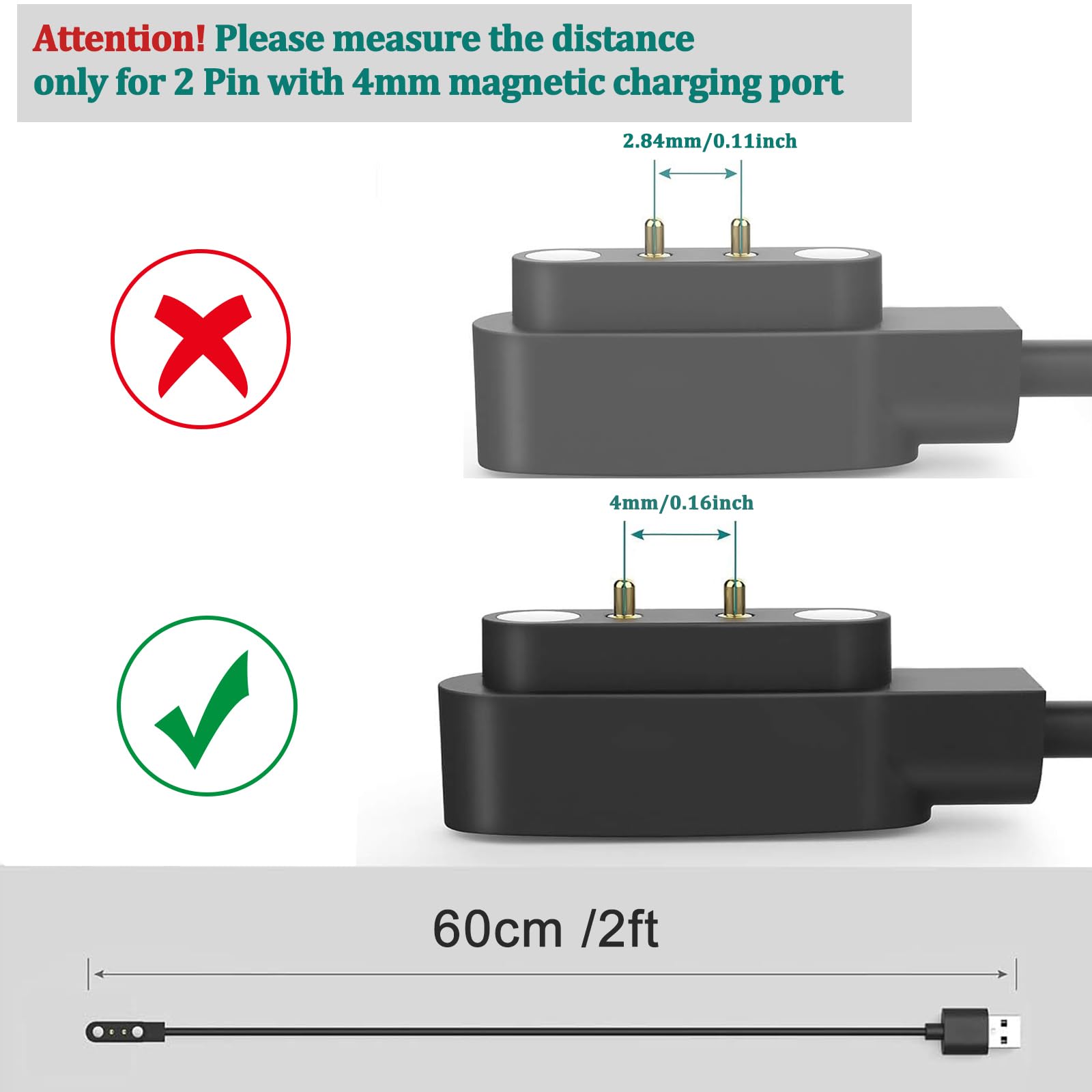 Amzpas Chargeur Montre Connectée, Câble USB 2 Broches de Charge Magnétique pour Smartwatch, Câble de Recharge pour Montre Intelligente Universel, Espacement des Contacts du Chargeur 4mm (USB 60cm)