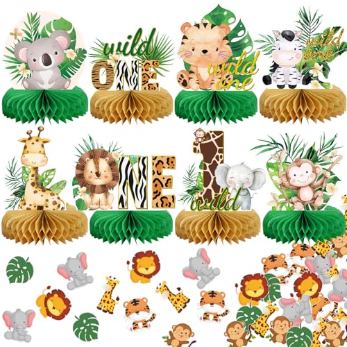 Image of Wild One Birthday Decorations Jungle Baby Shower Honeycomb Centerpieces for Boys and Girls,8 Pcs Safari Centerpieces and Confetti Table Decorations, Safari Jungle Animals Party Decor