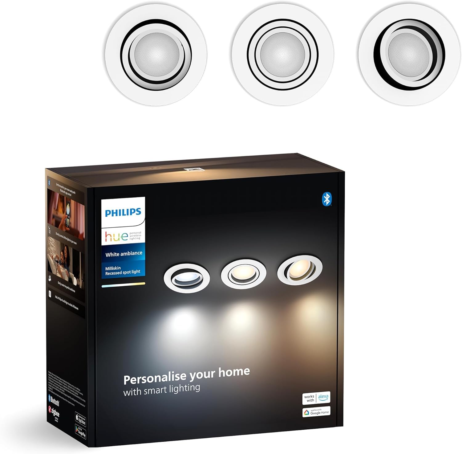 Philips Hue Milliskin White Ambiance Einbauspot 3er Pack 400lm 70mm warm- bis kaltweißes Licht App steuerbar kompatibel Amazon Alexa