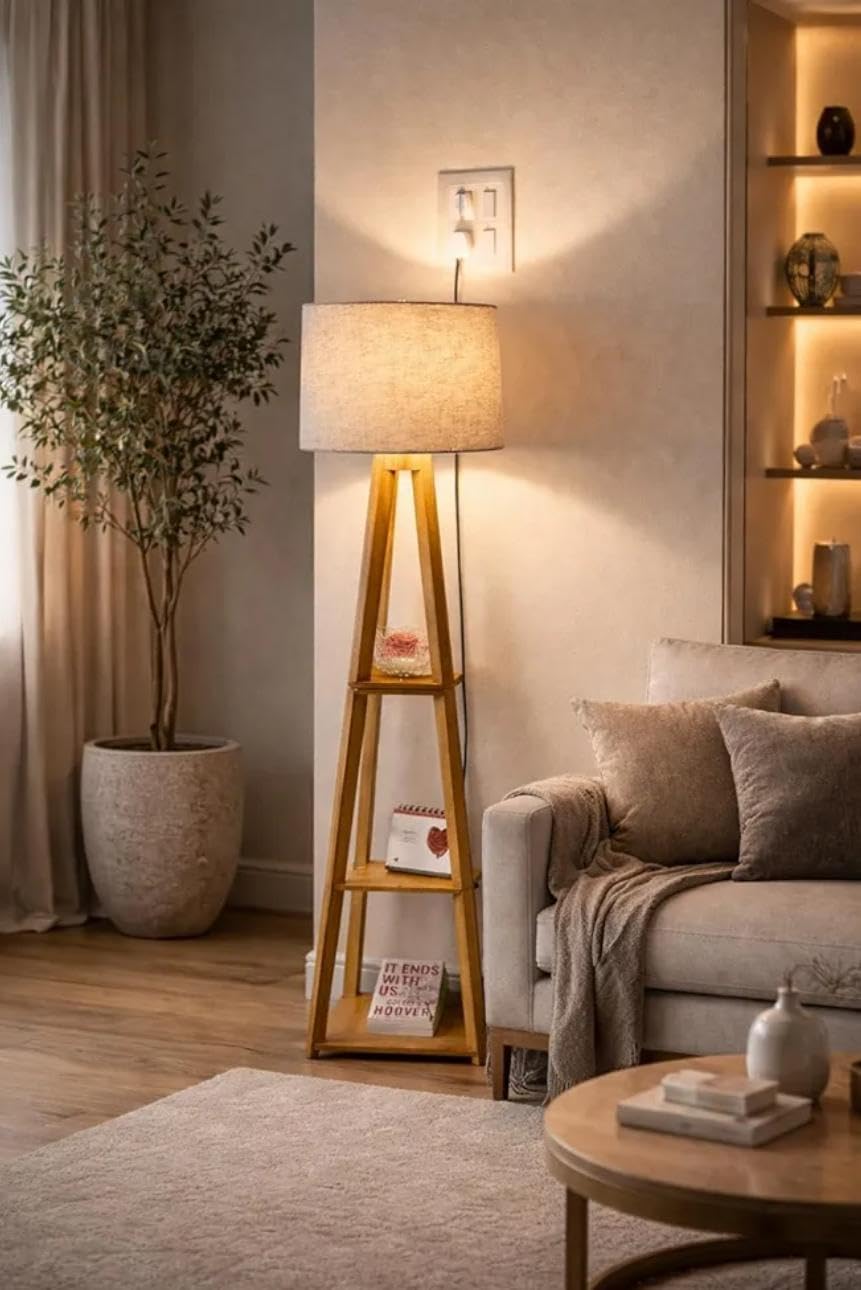 Wooden Floor Lamp with Storage Shelves, Natural Wood Finish, White Fabric Shade, Tripod Stand, Contemporary Style, LED Ambient Lighting for Living Room..-image-49
