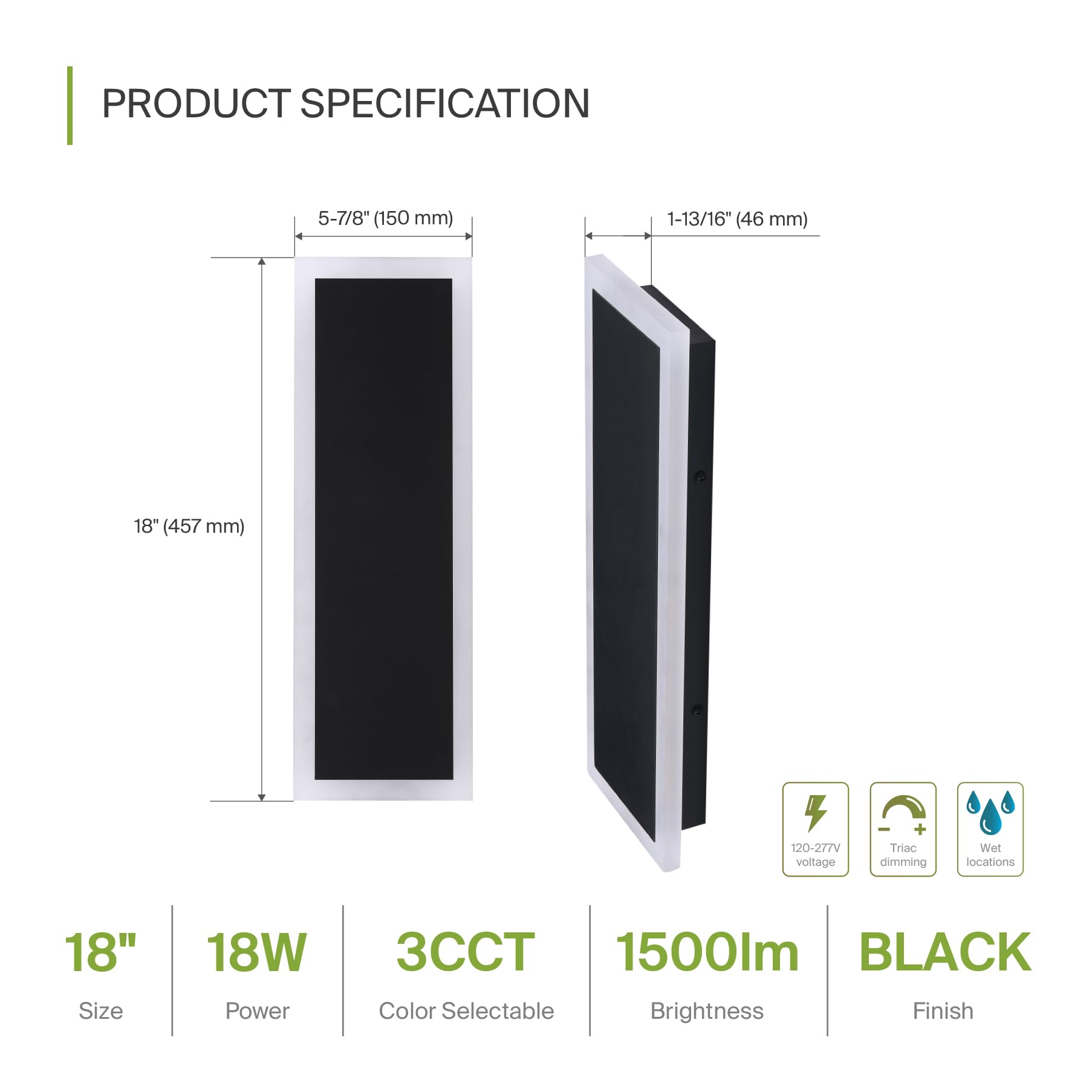 ASD LED 18 Inch Long Wall Light Fixture | 18W 100-277V 1500LM 3000K/4000K/5000K Switch | Dimmable, Waterproof, Anti Rust Steel Base, Not Flashing, ETL Listed | Outdoor Lighting and Fixtures | Black