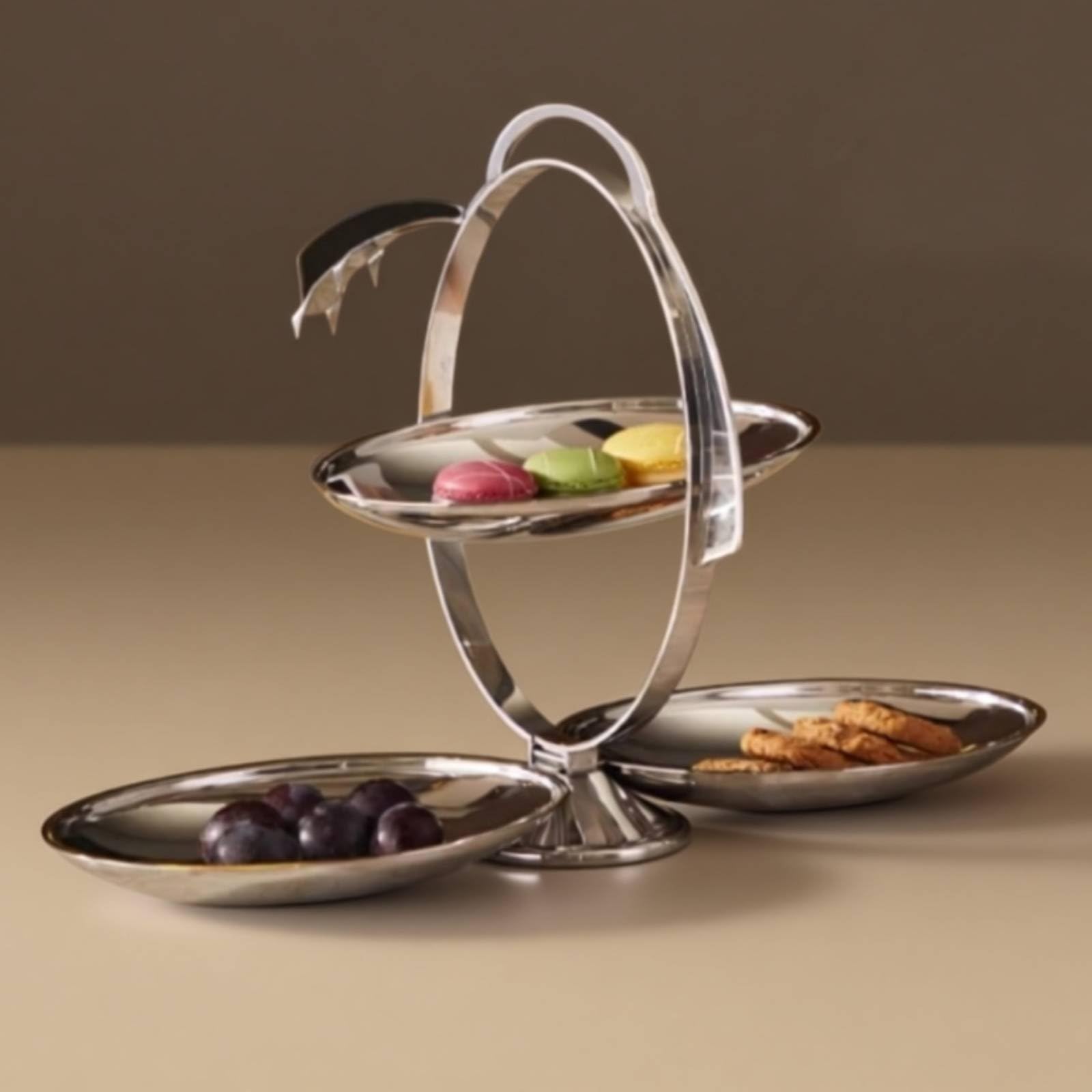 Alzatina Pieghevole a 3 Piani Salvaspazio Vassoio da Portata in Acciaio Acciaio Inossidabile Design Moderno Centrotavola a 3 Vassoi per Buffet, Feste, 45-20-28cm, Espanso